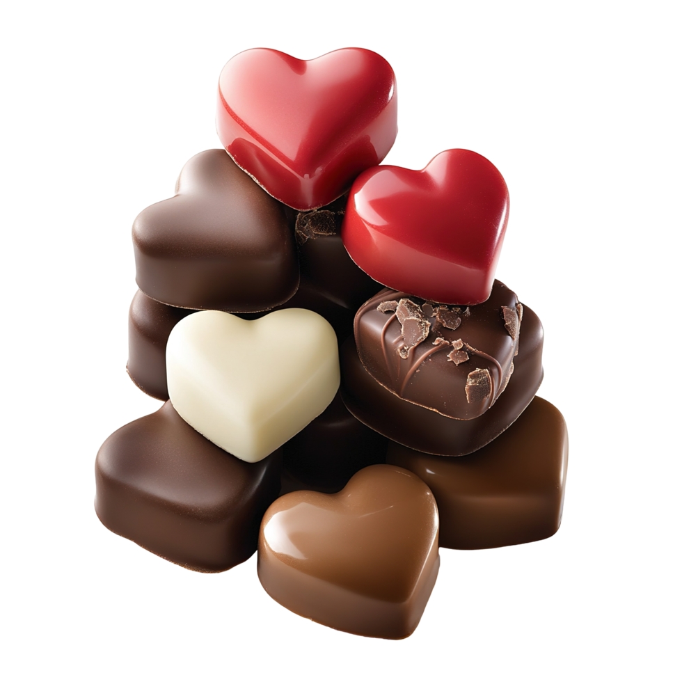 Assorted Heart Shaped Chocolate Candies Arranged in a Pile Isolated on Transparent Background png