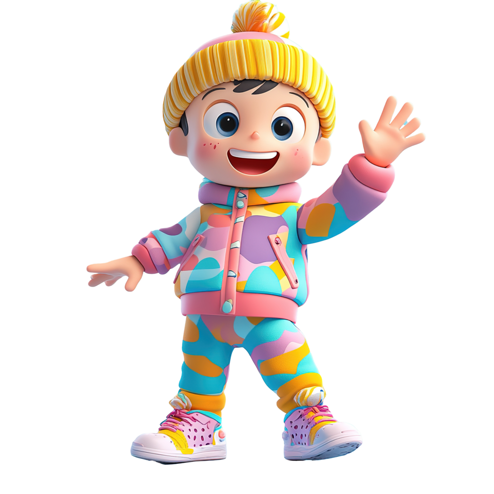 Cheerful Cartoon Child Waving Wearing Colorful Winter Outfit Isolated on Transparent Background png