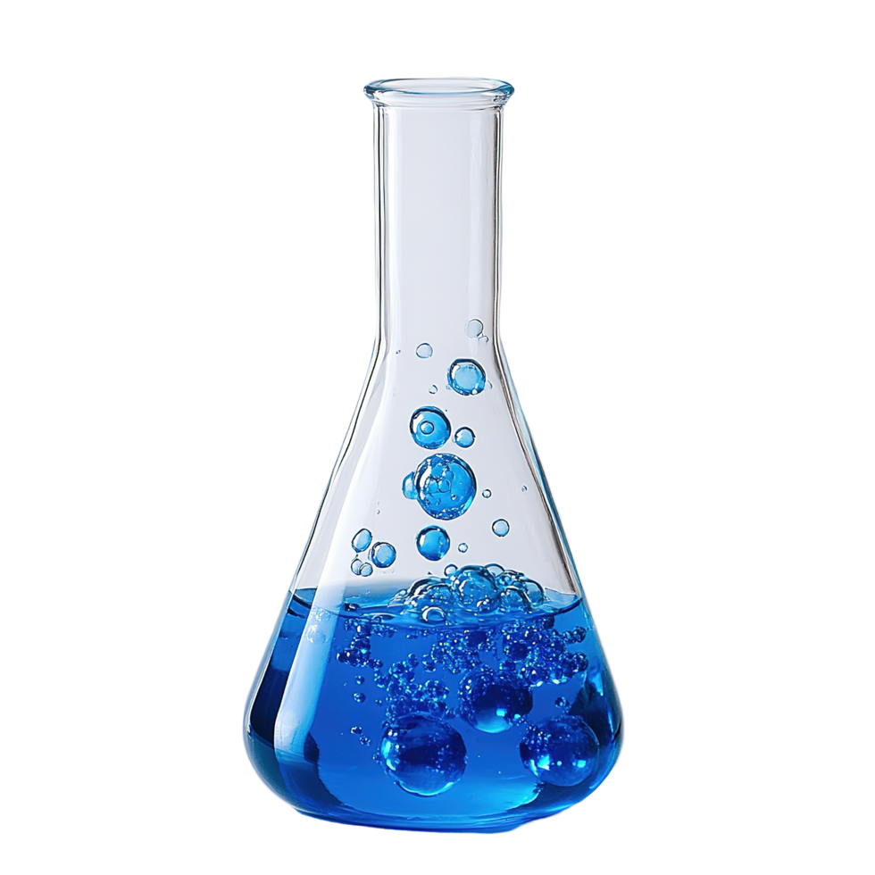 A Glass Erlenmeyer Flask Filled With Blue Liquid And Bubbles Isolated on Transparent Background png
