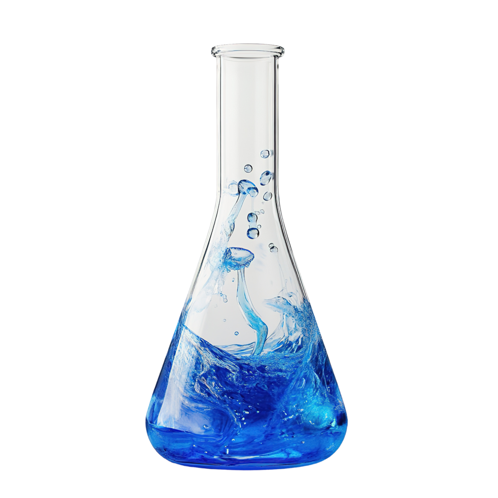 Glass Erlenmeyer Flask Filled With Blue Liquid Isolated on Transparent Background png