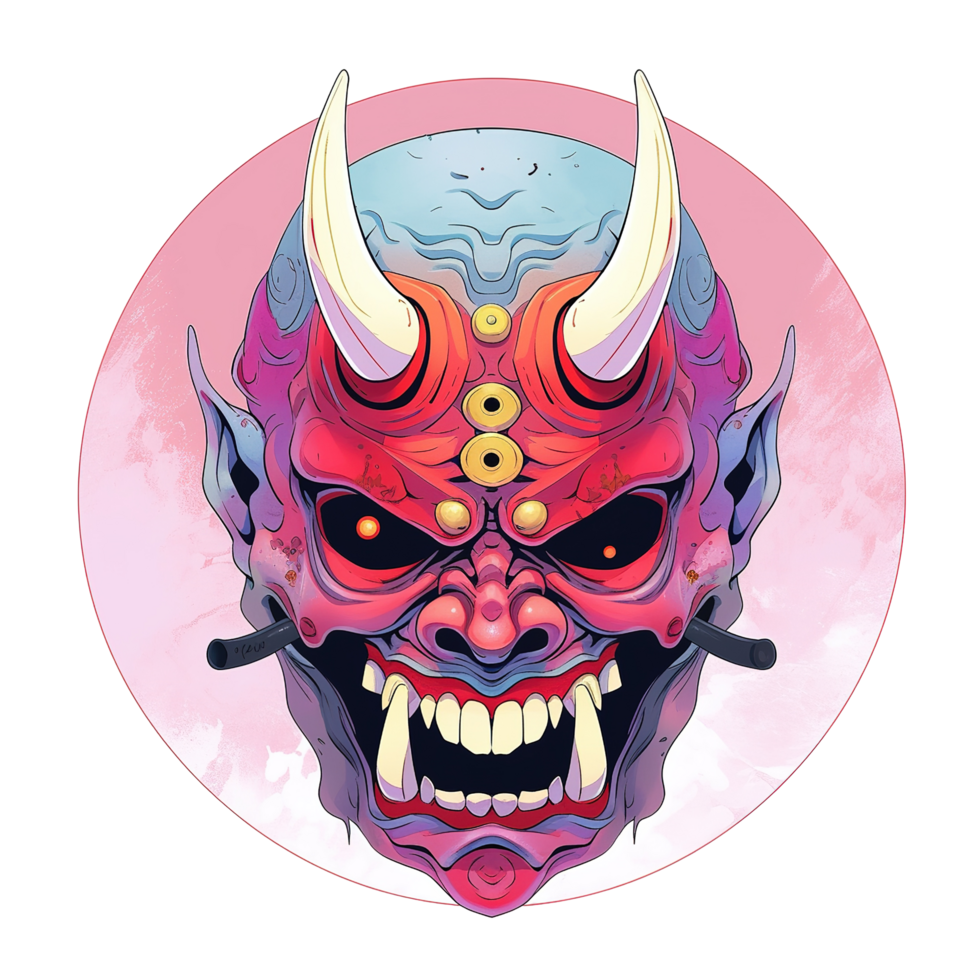 A stylized Oni mask with three eyes and horns Isolated on Transparent Background png