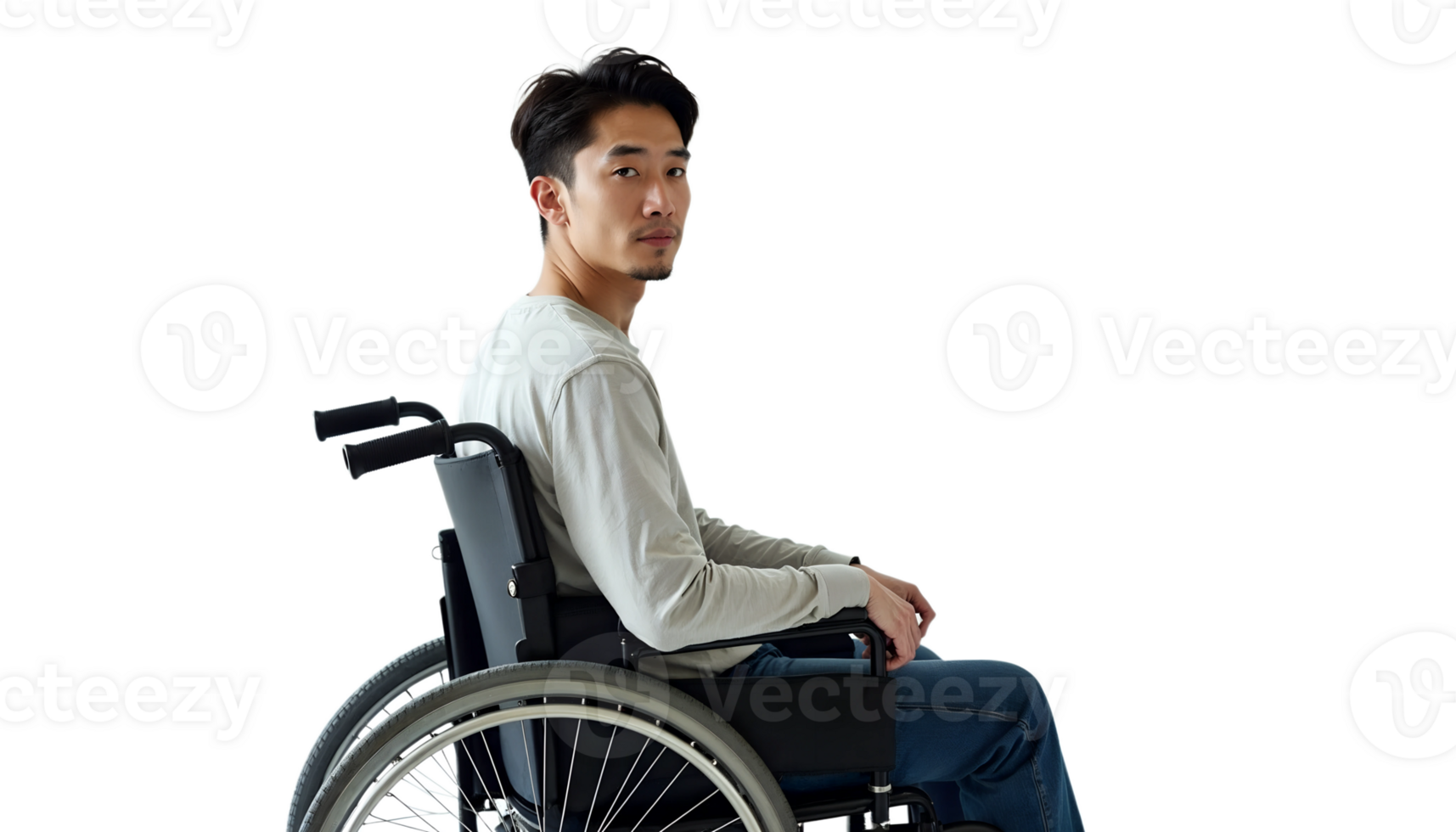 Man in a wheelchair wearing a white shirt, side profile on a black background, reflective portrait. png