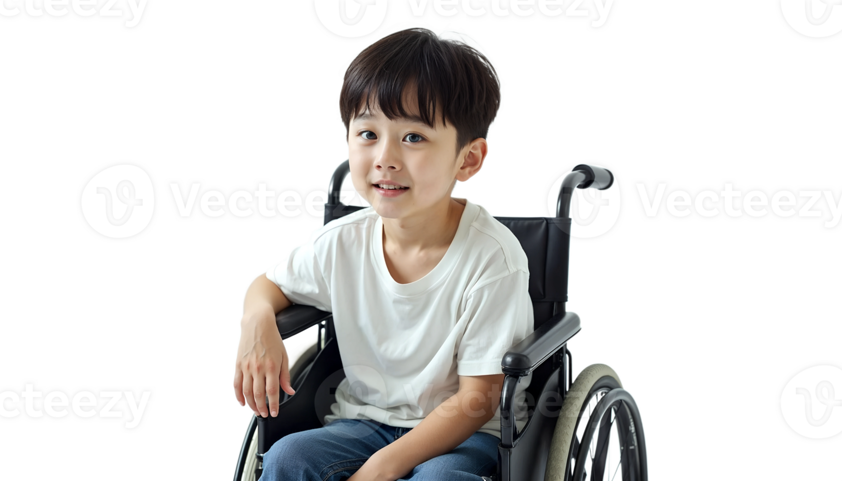 Young boy sitting in a wheelchair on a black background, thoughtful expression portrait. png