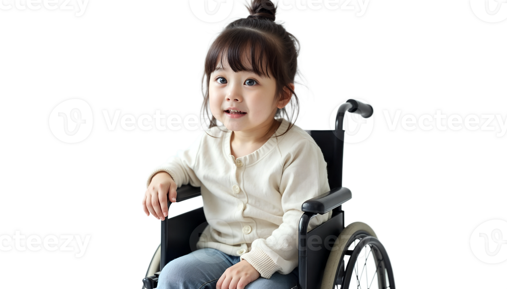 Smiling young girl sitting in a wheelchair on a black background, cheerful portrait. png