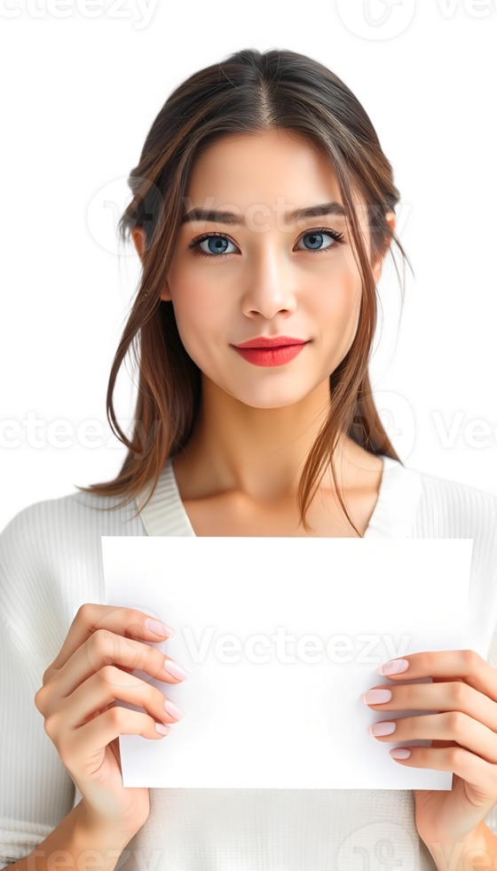 Woman smiling and holding a blank card on a black background, cheerful expression portrait. png