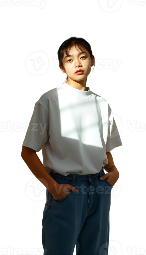 Young man standing against a black background with light casting shadows, casual portrait. png