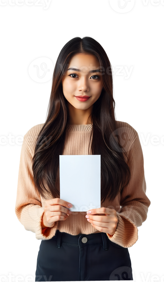 Woman holding a blank piece of paper in both hands on a grey background, neutral expression portrait. png