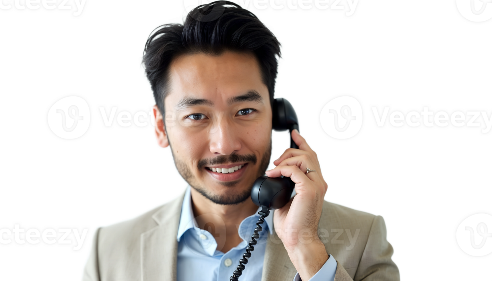 Man in a white shirt smiling and talking on the phone, casual portrait on a black background. png