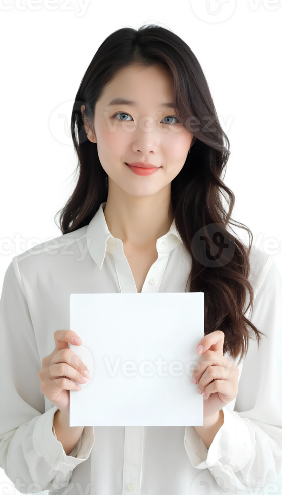 Woman smiling and holding a blank piece of paper on a black background, cheerful expression portrait. png