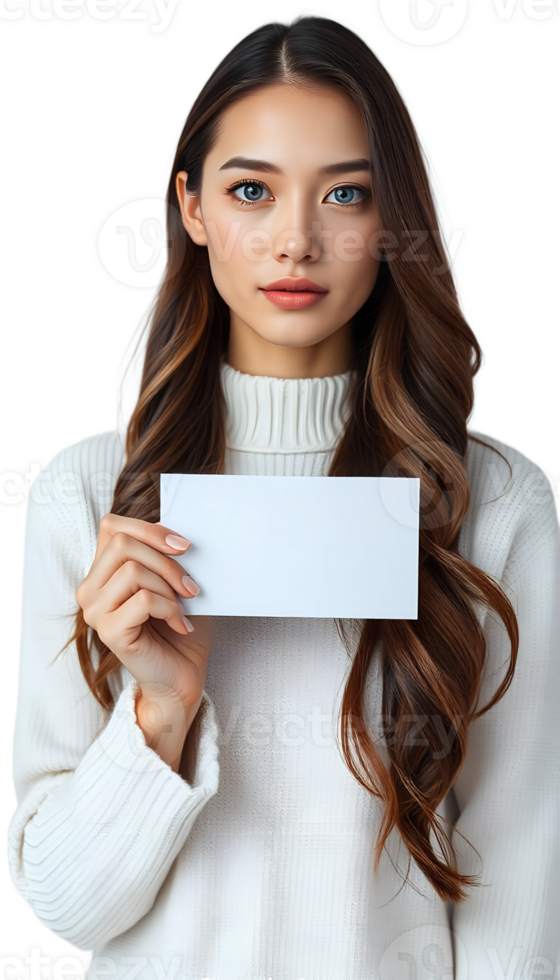 Woman in a white sweater holding a blank card on a black background, confident expression portrait. png