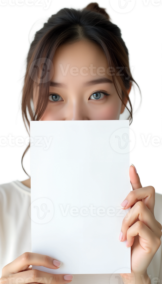 Woman holding a blank piece of paper in front of her face, playful expression on a black background. png
