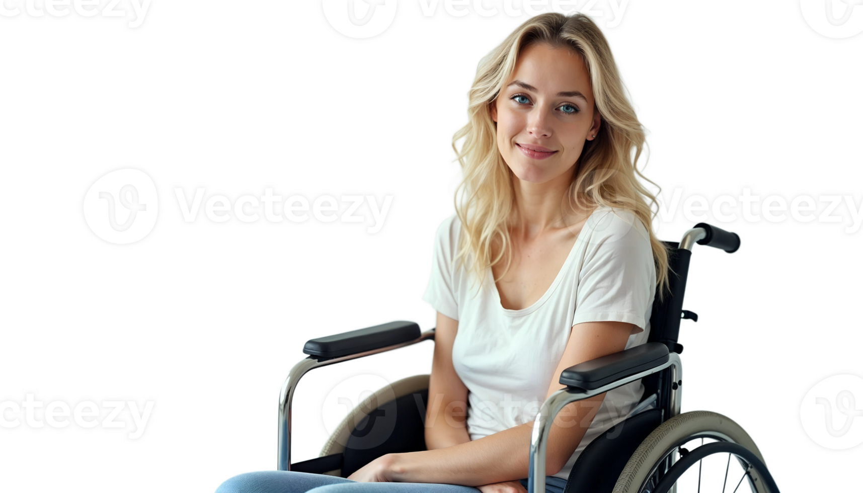 Smiling woman sitting in a wheelchair on a white background, casual portrait. png