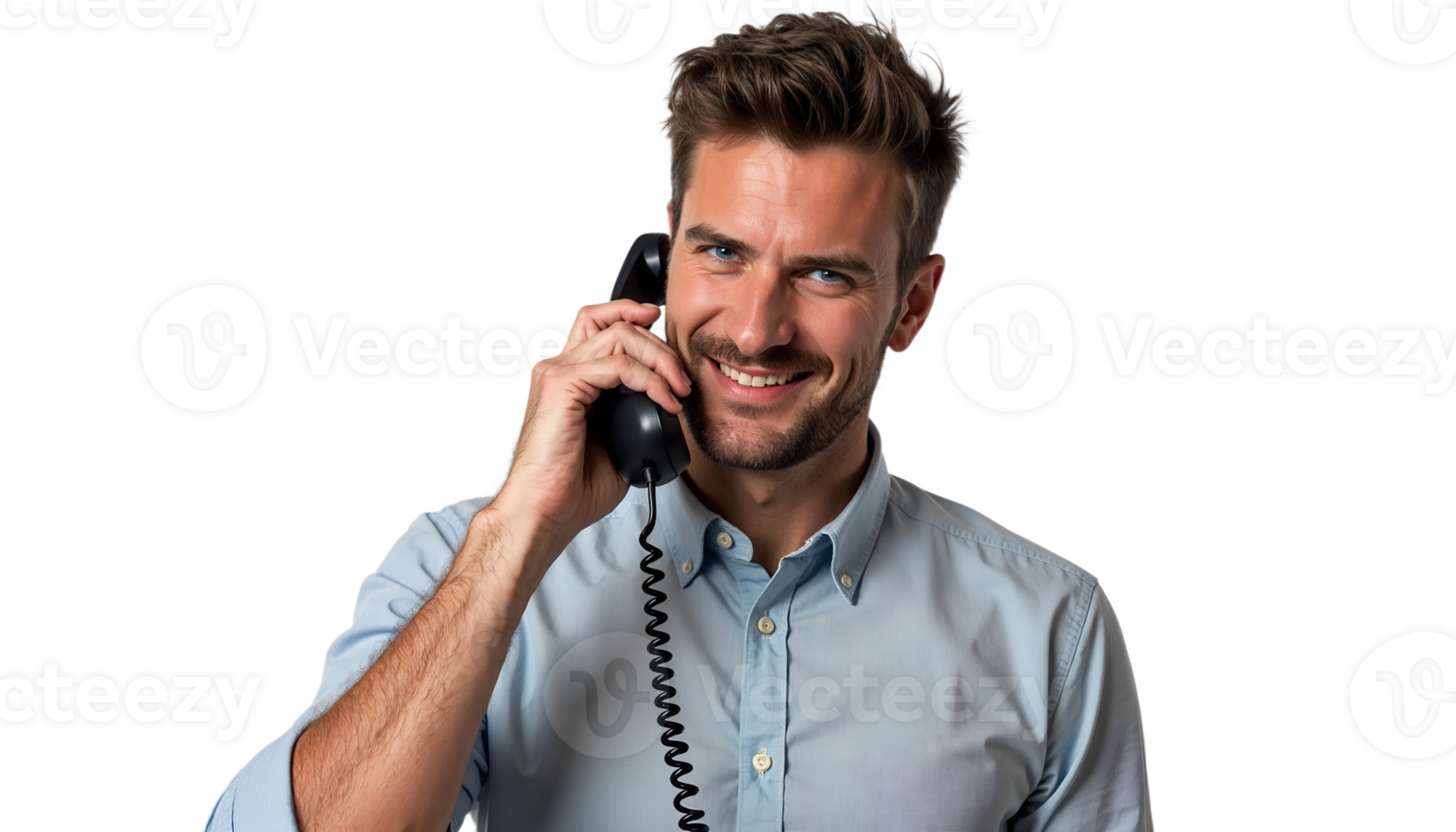 Smiling man in a grey shirt talking on the phone, casual portrait on a black background. png