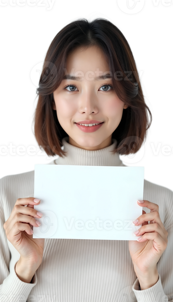 Woman holding a blank card and smiling on a black background, cheerful expression portrait. png