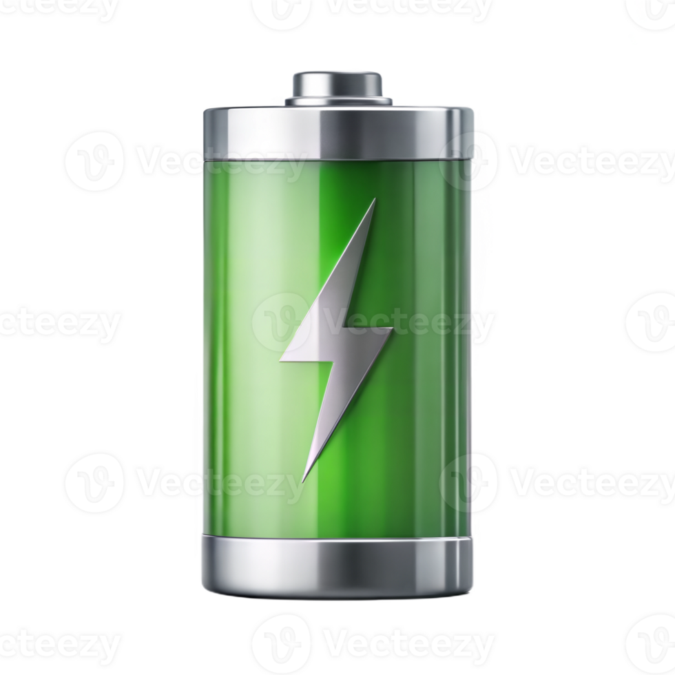 Green battery icon with a lightning symbol on a black background, full power representation. png