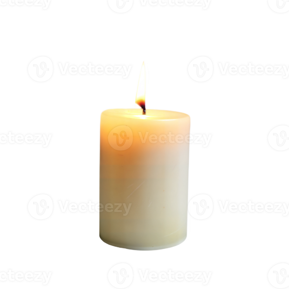 Large lit candle with a bright flame on a black background, warm and peaceful ambiance. png