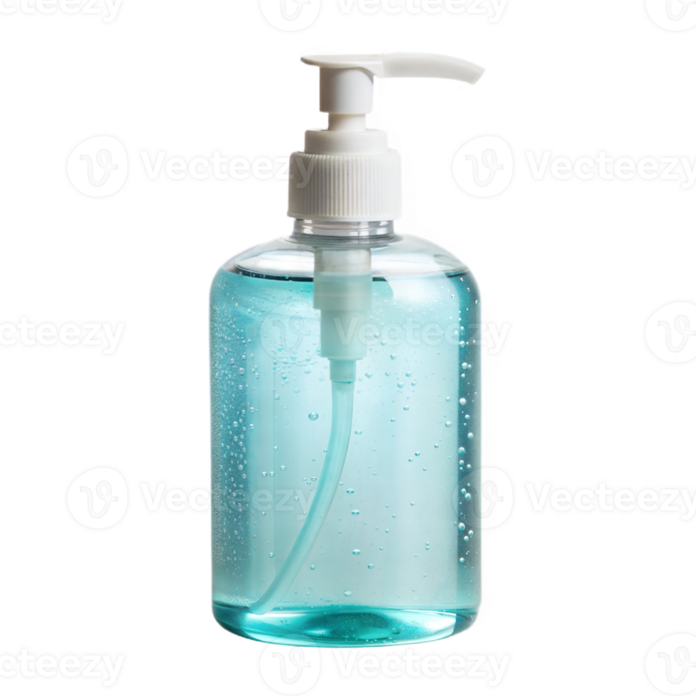 Transparent pump bottle with blue liquid soap on a black background, hygiene and cleaning concept. png