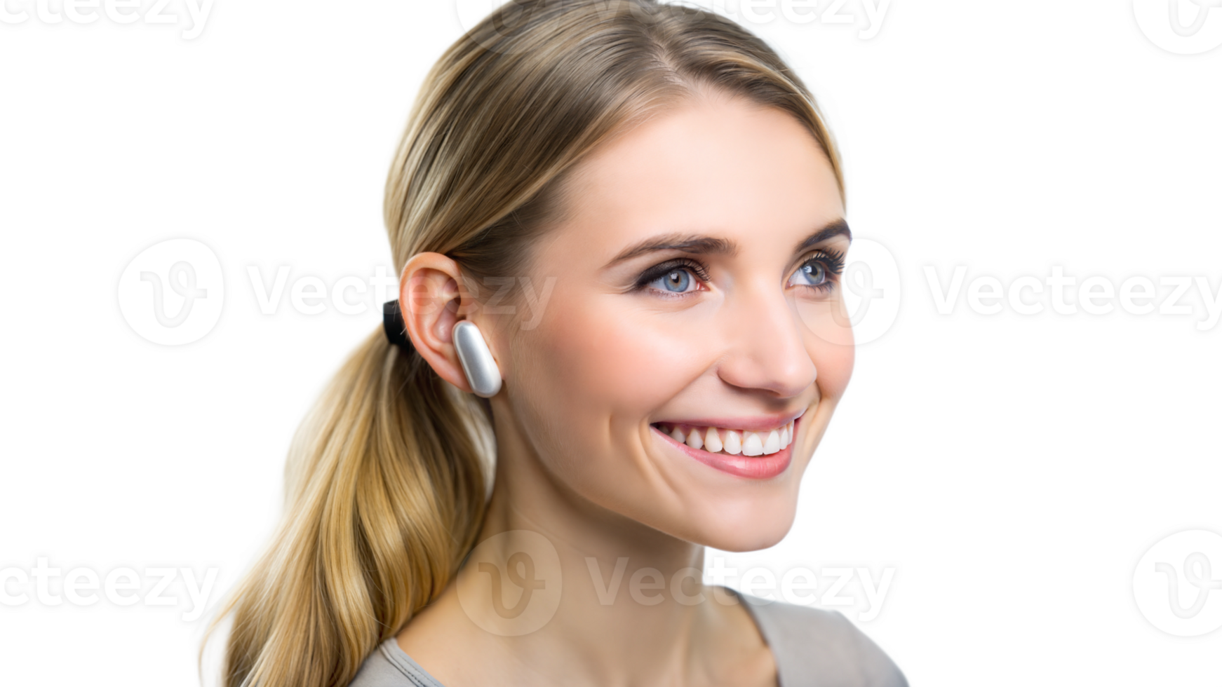 Side profile of a woman smiling with wireless earbuds on a black background, modern technology portrait. png