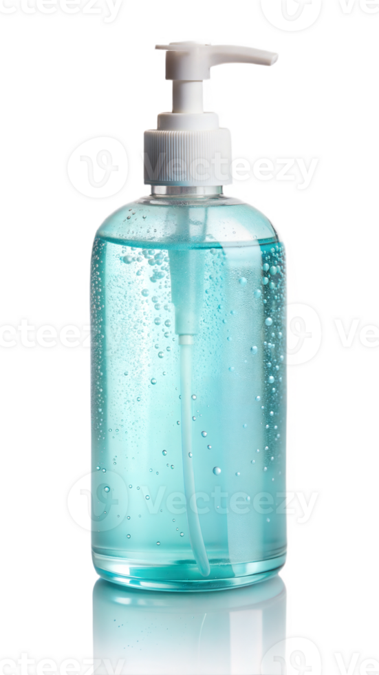 Pump bottle with blue liquid soap on a black background, hygiene and cleanliness concept. png