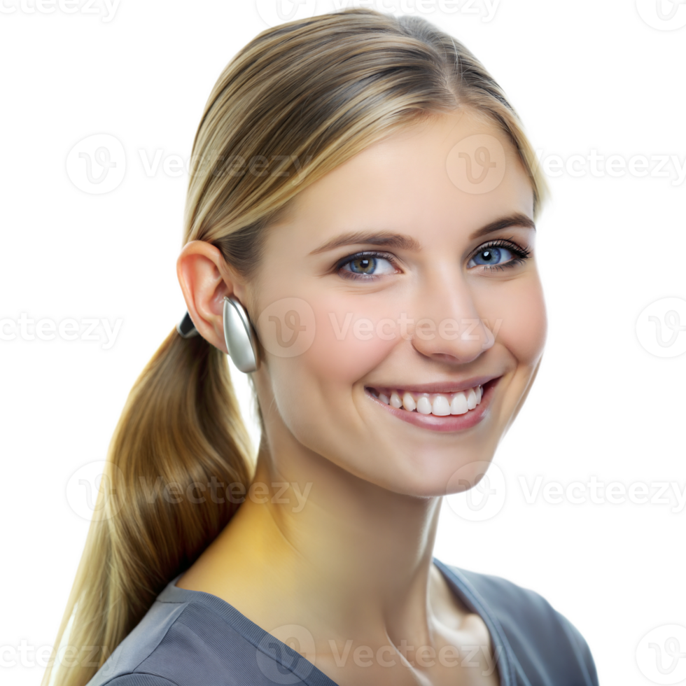 Smiling woman with blonde hair wearing wireless earbuds on a black background, modern tech portrait. png
