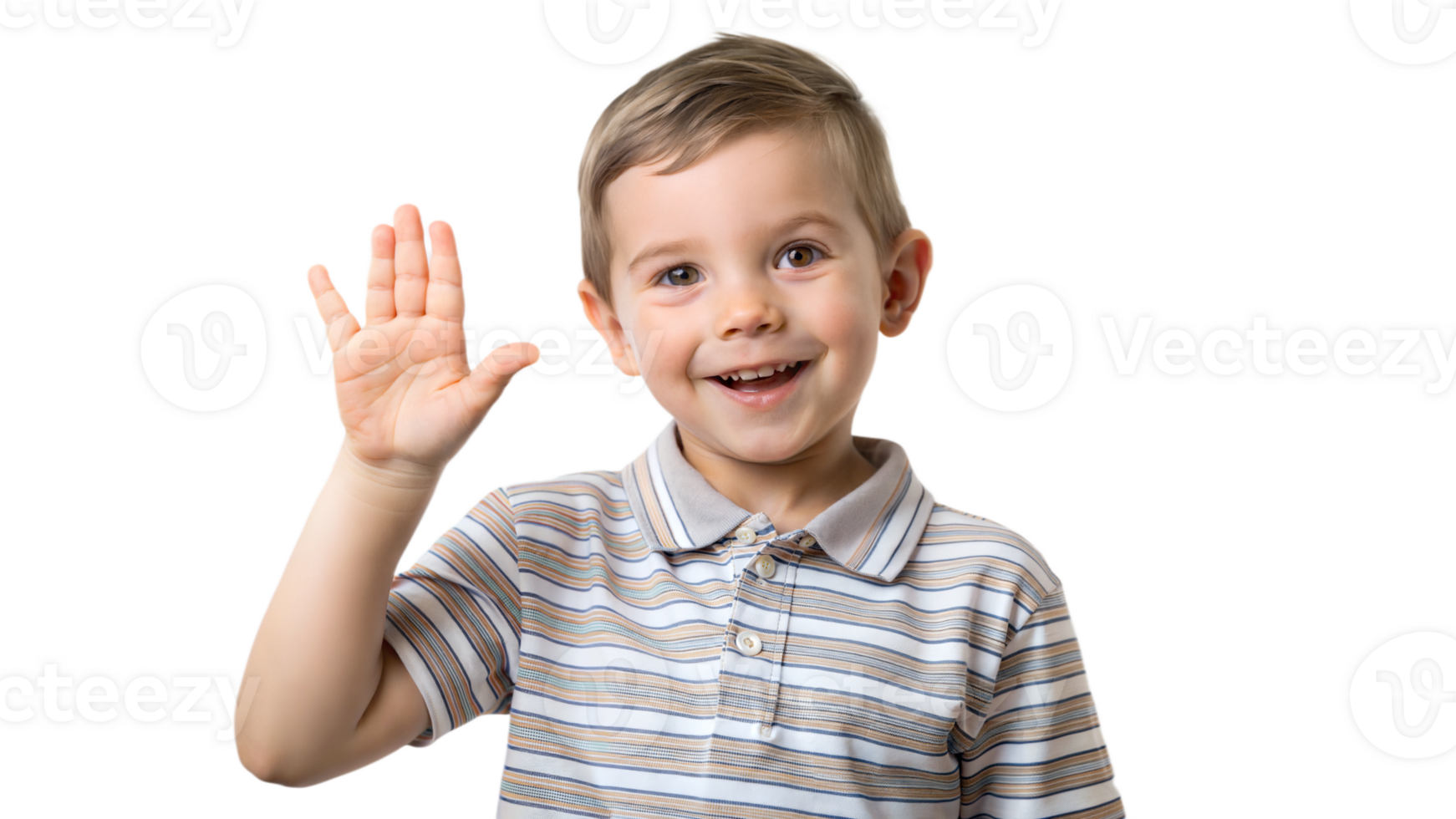 Smiling boy raising his hand on a black background, cheerful portrait of a young child. png