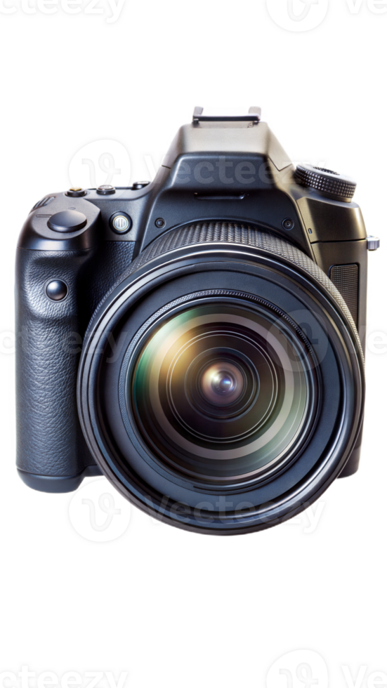 Professional digital camera with a large lens on a black background, photography equipment portrait. png