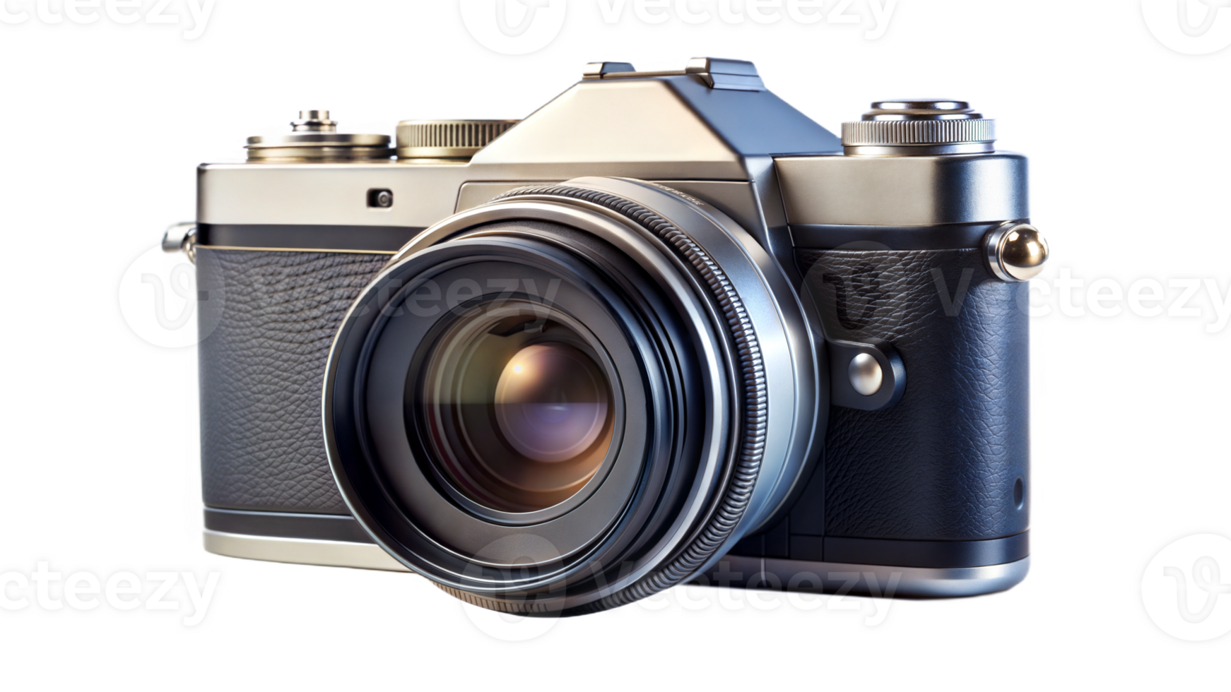 Vintage style digital camera with a lens on a black background, photography technology portrait. png