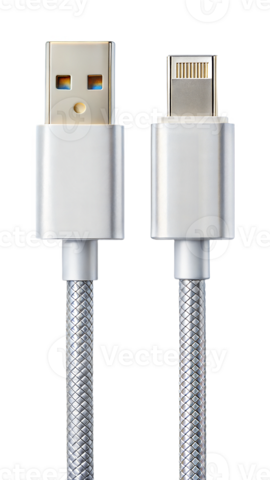 Close up of USB C to USB A cable with metallic connectors on a black background, tech accessory. png