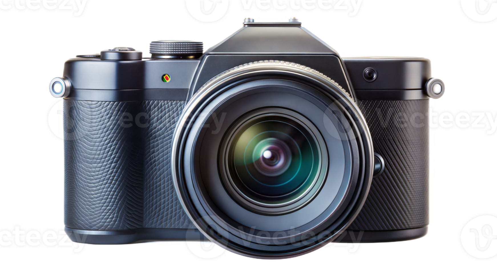 Retro style digital camera with a black lens on a black background, vintage photography equipment. png
