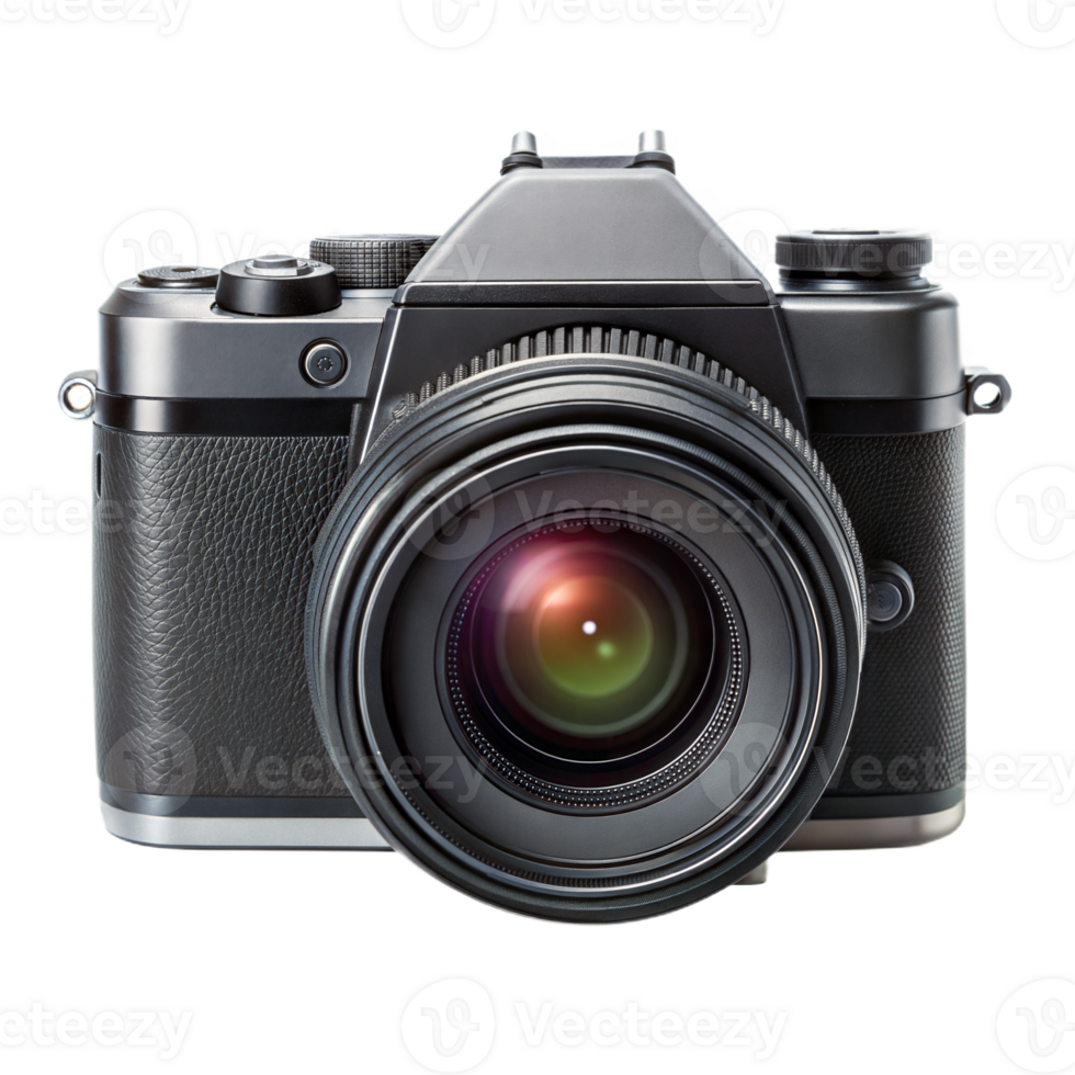 Professional digital camera with a large lens on a black background, photography technology equipment. png