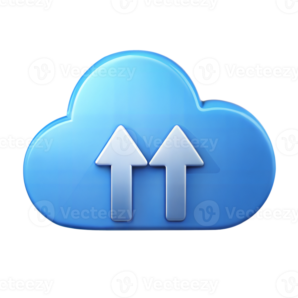 Blue cloud icon with upload arrows on a black background, cloud storage and internet technology. png