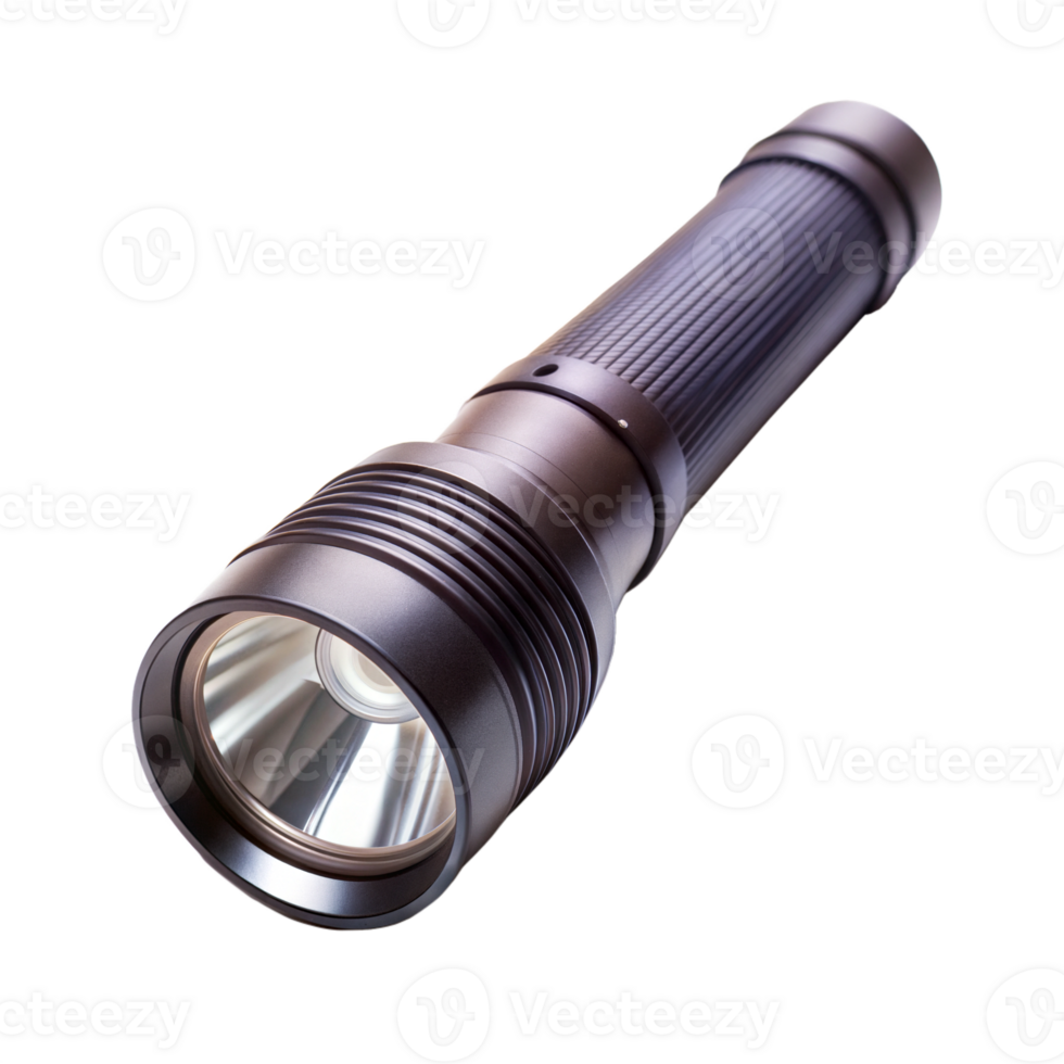 Black metal flashlight on a black background, portable lighting tool for outdoor use. png