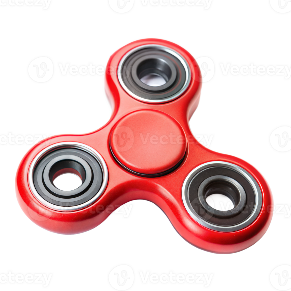Red fidget spinner with metal bearings on a black background, popular hand toy for focus and relaxation. png