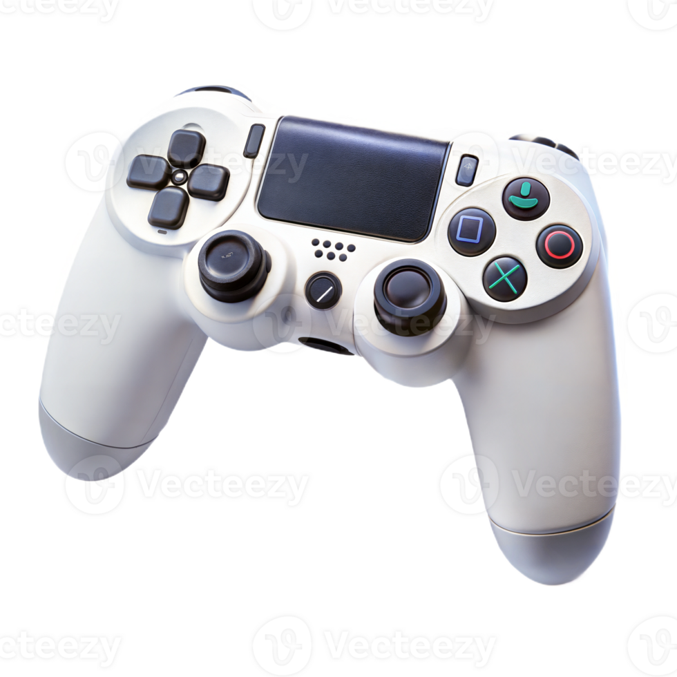 White gaming controller with dual joysticks on a black background, game console accessory. png