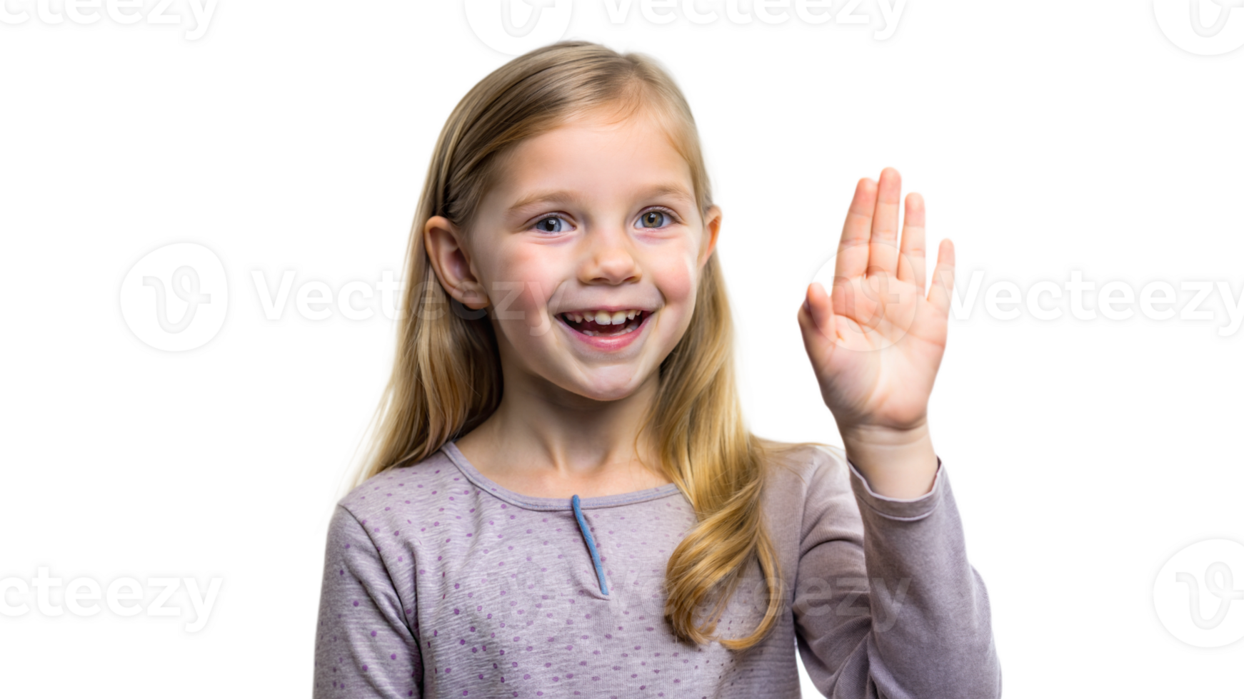 Smiling young girl waving on a black background, cheerful child portrait with friendly gesture. png