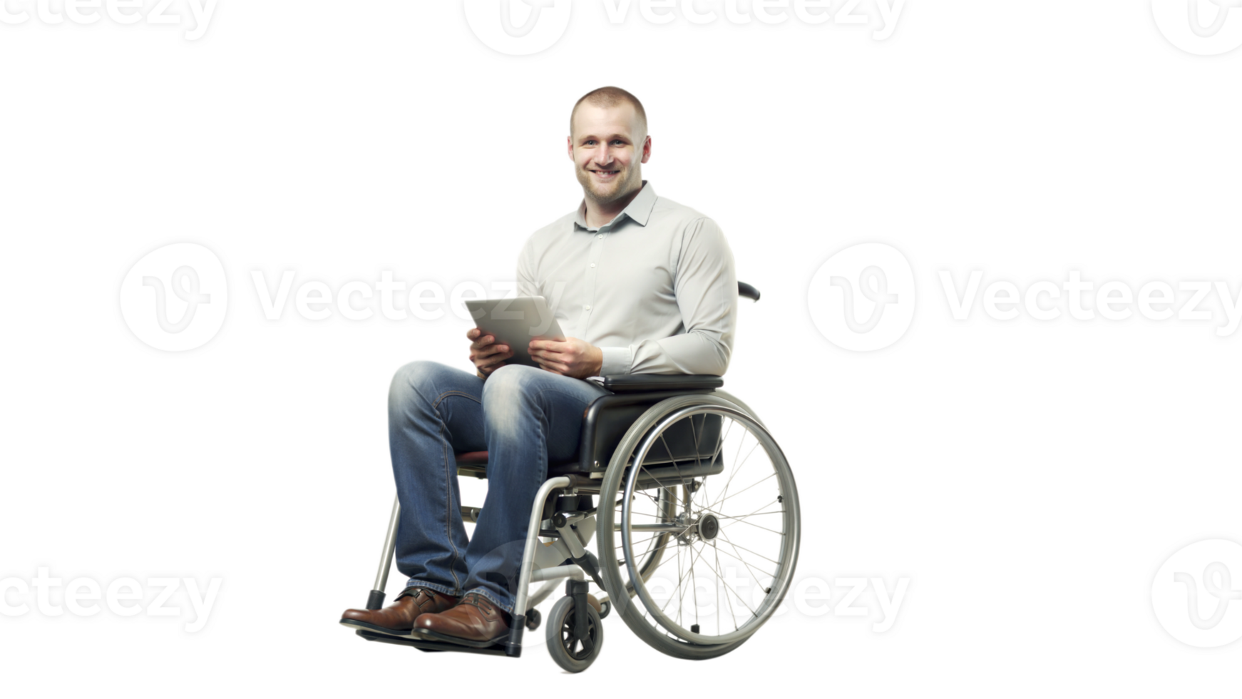 Smiling man in a wheelchair working on a laptop on a black background, adult using assistive technology. png