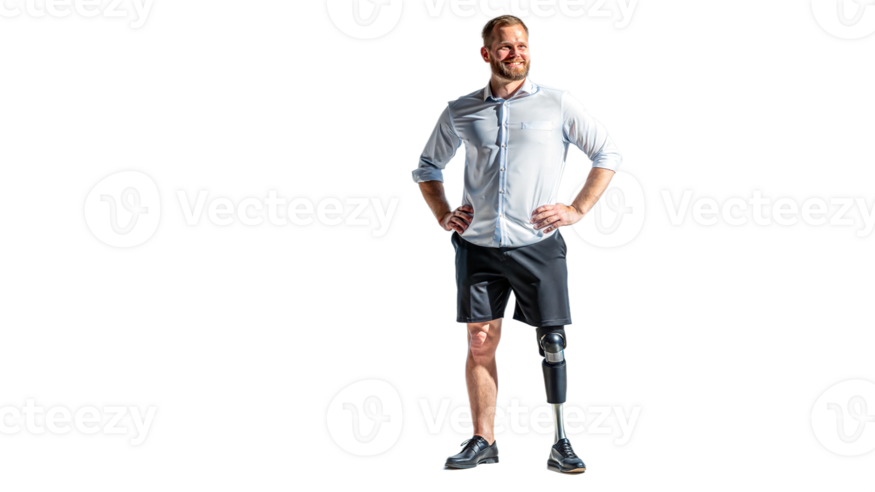 Smiling man with a prosthetic leg standing confidently on a black background, adult with assistive technology. png