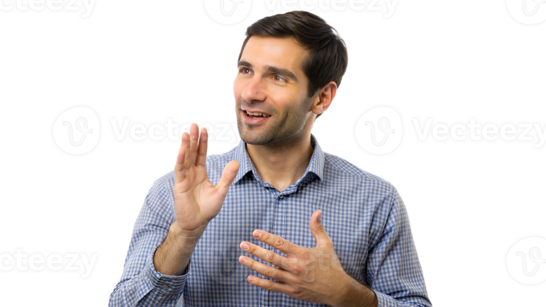Smiling man signing in American Sign Language on a black background, communication through ASL. png