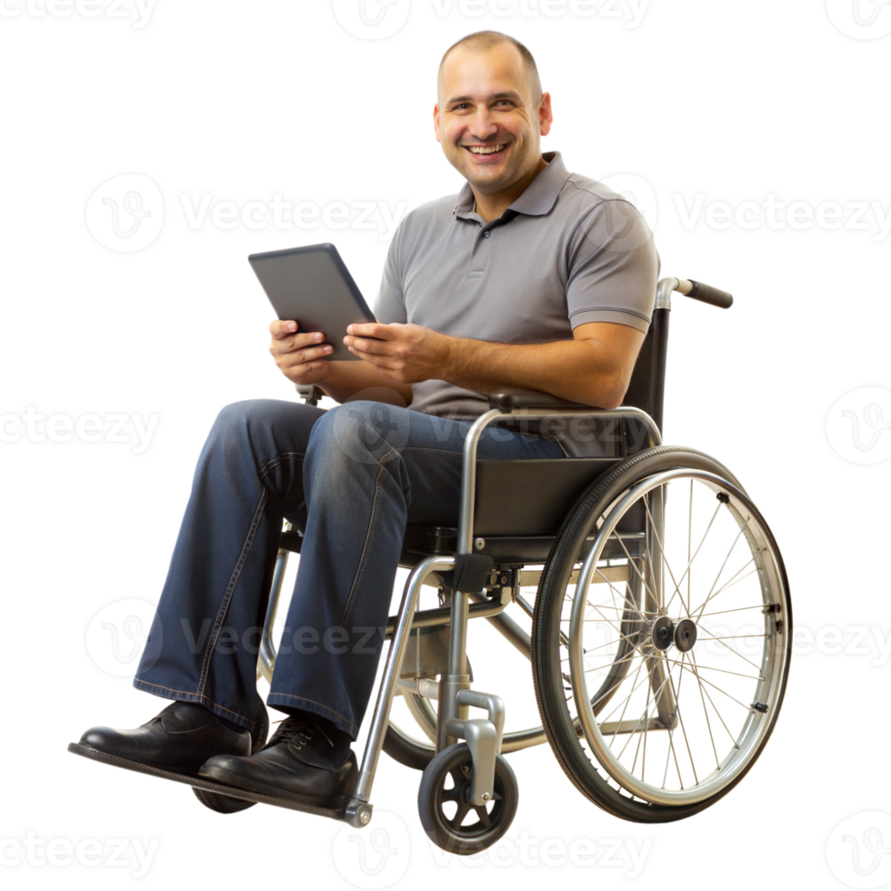 Smiling man in a wheelchair holding a digital tablet on a black background, adult with assistive technology. png