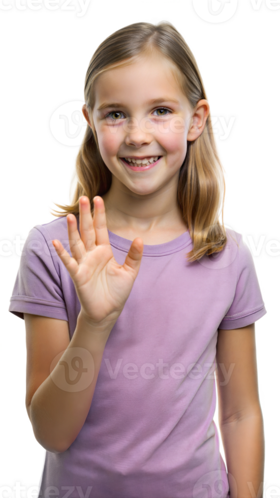 Smiling young girl waving with one hand on a black background, cheerful portrait of a child. png