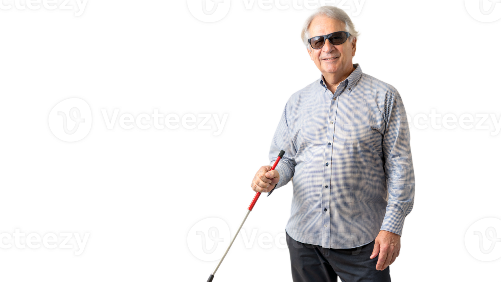 Happy elderly man with a cane standing confidently on a black background, senior with mobility assistance. png