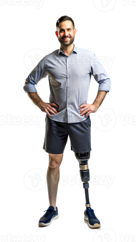Happy man with a prosthetic leg standing confidently on a black background, adult with assistive technology. png