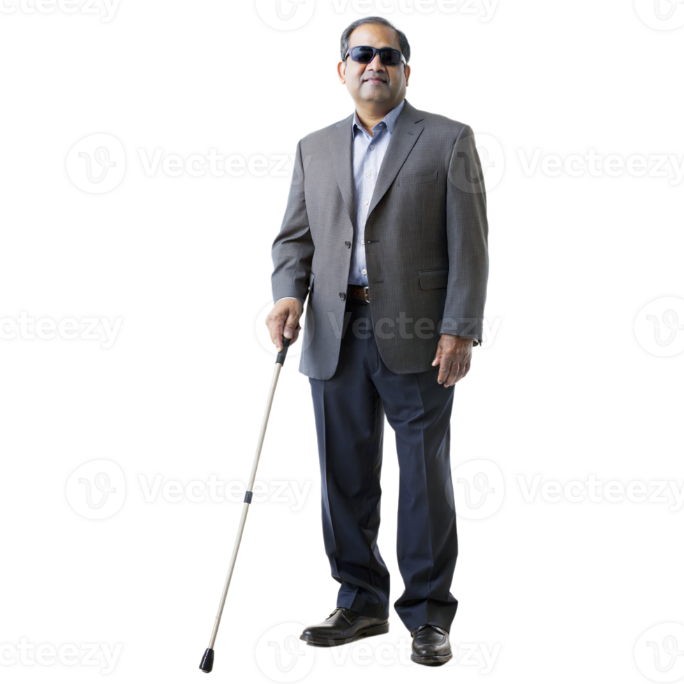 Elderly man in a suit using a white cane on a black background, symbol of mobility assistance. png