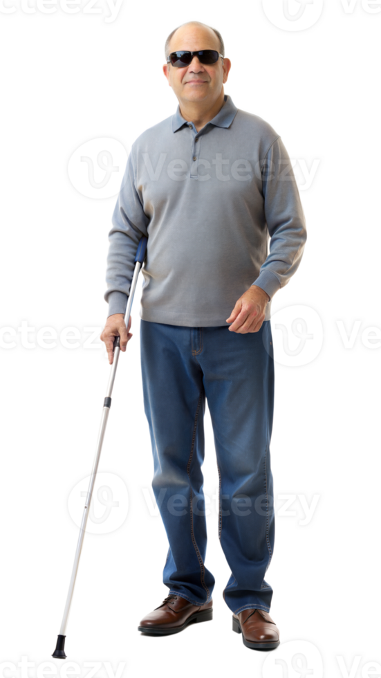 Smiling elderly man with a cane standing confidently on a black background, senior with mobility aid. png