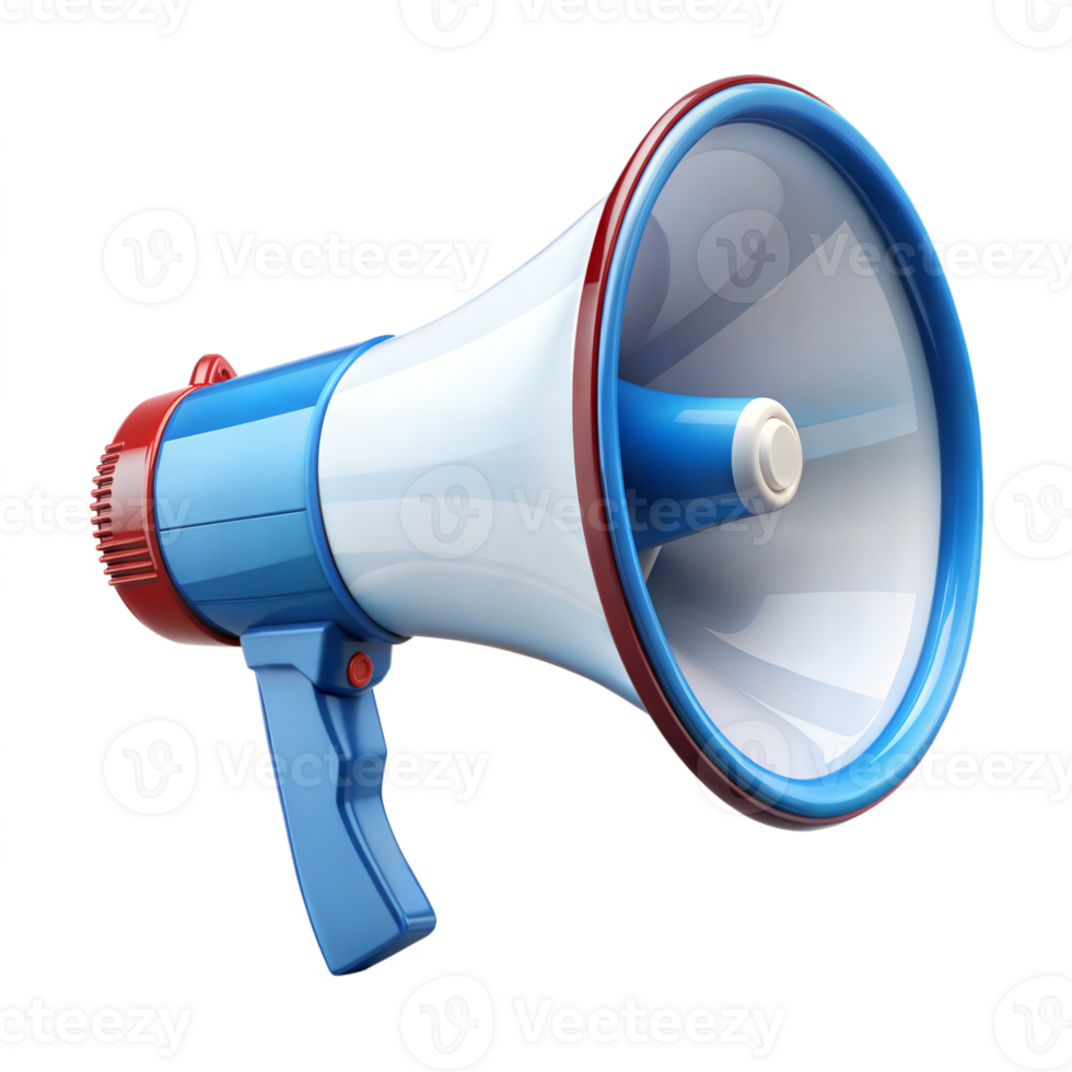 Blue megaphone icon on a black background, symbol of announcement and communication. png