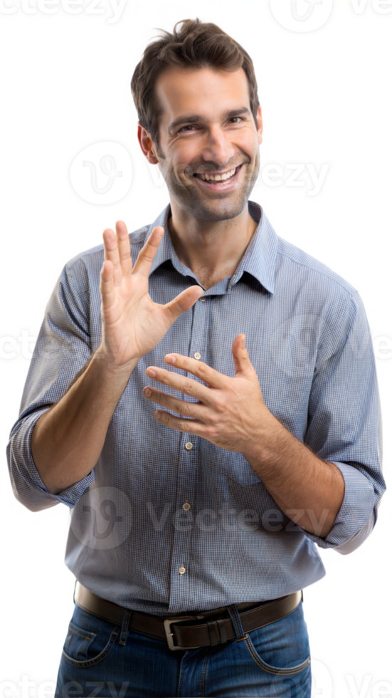 Smiling man signing in American Sign Language on a black background, adult using sign language. png