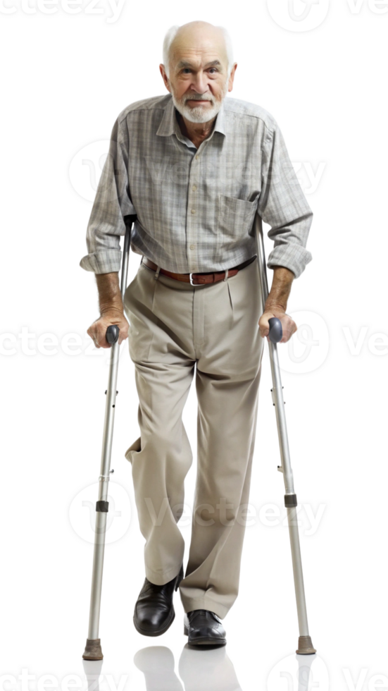 Elderly man walking with crutches on a black background, symbol of mobility assistance and rehabilitation. png