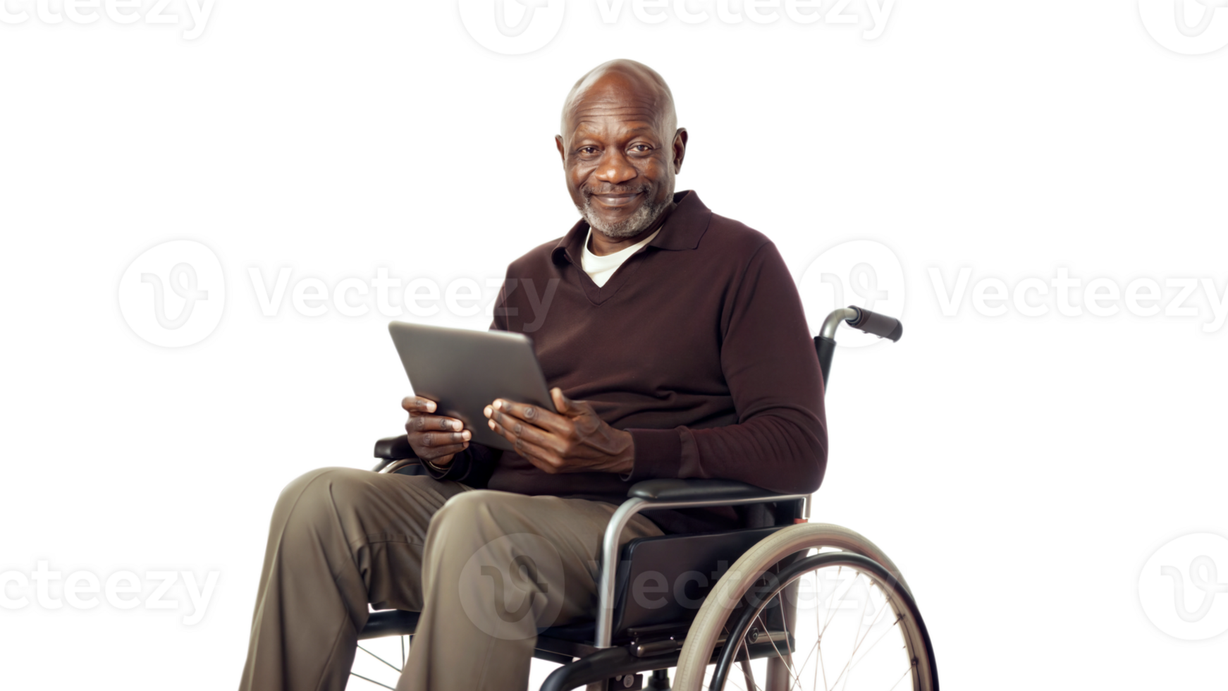Smiling elderly man in a wheelchair using a tablet on a black background, symbol of assistive technology and accessibility. png