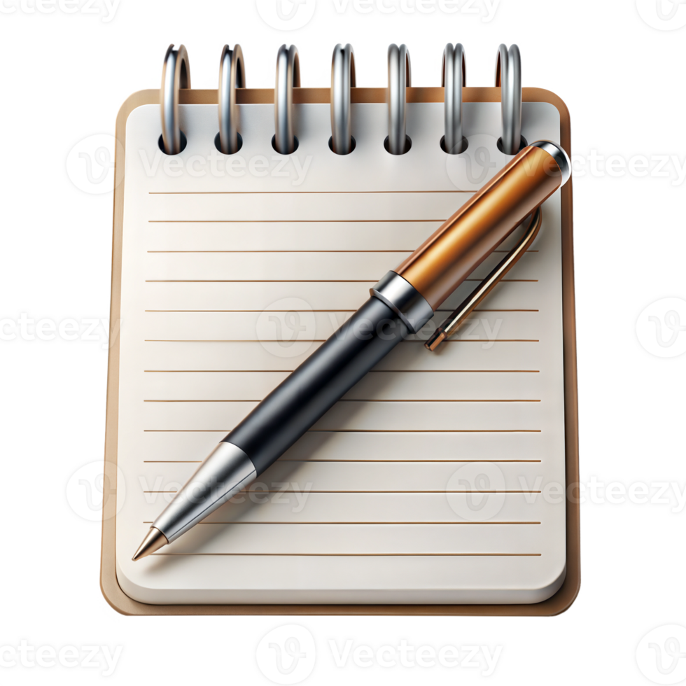 Spiral notebook with a pen on a white background, symbol of writing and documentation. png