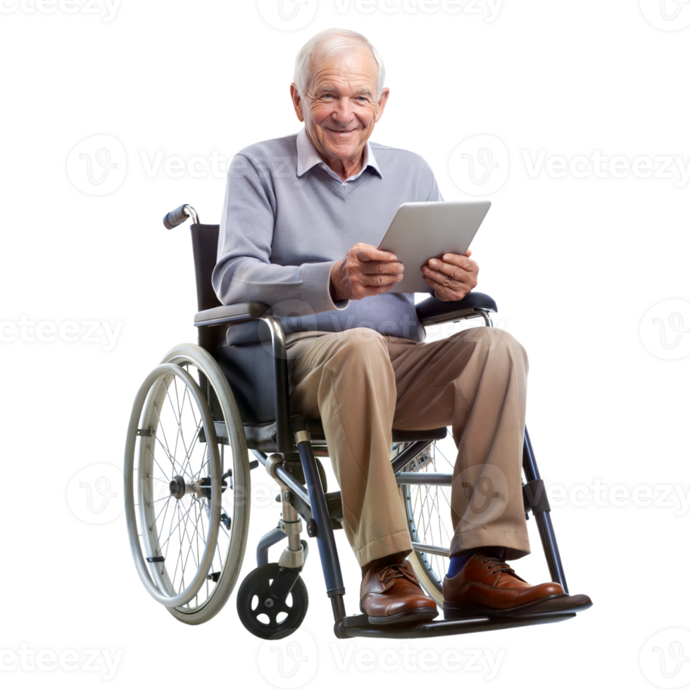 Happy elderly man in a wheelchair using a tablet on a black background, symbol of technology and accessibility. png